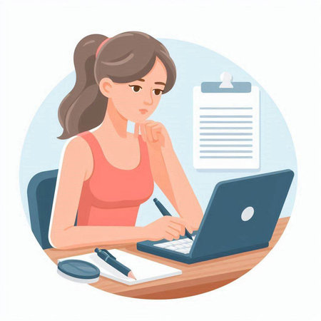 Young woman working on laptop at office. Vector illustration in cartoon style.のイラスト素材