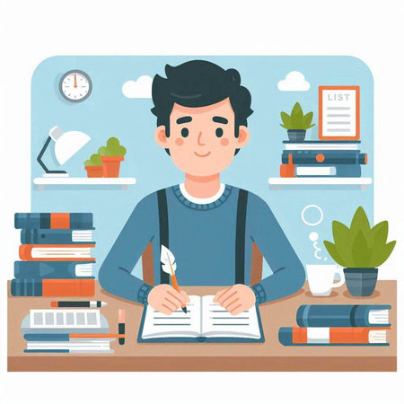 Young man sitting at the desk and writing in a notebook. Vector flat illustrationのイラスト素材