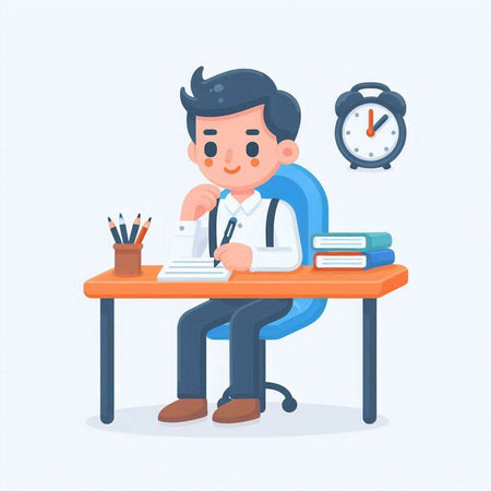 Man sitting at the desk and writing in notebook. Vector illustration.のイラスト素材