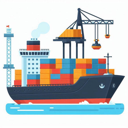 Cargo ship with containers on the background of cranes. Vector illustrationのイラスト素材