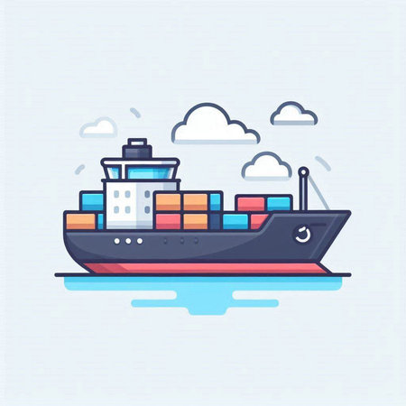 Cargo ship with containers. Freight transportation. Vector illustration in flat styleのイラスト素材