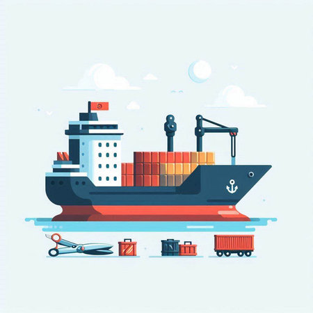 Cargo ship with containers and seaport, flat vector illustrationのイラスト素材