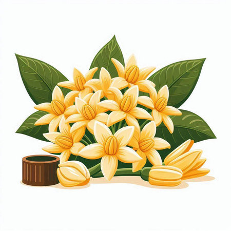 Illustration of yellow tropical flowers with green leaves on a white backgroundのイラスト素材