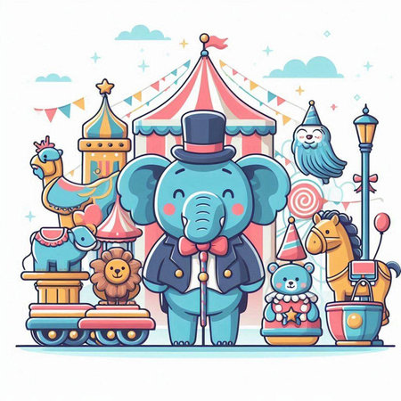 Circus illustration with cartoon animals on white background. Vector illustration.のイラスト素材