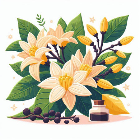 Cocoa flowers and leaves with essential oil. Vector illustration.のイラスト素材