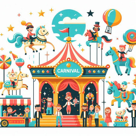 Circus carnival with people, vector illustration in flat style.のイラスト素材