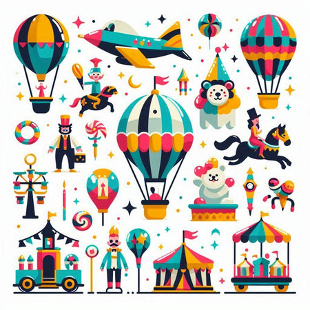 Amusement park flat icons set with circus elements isolated vector illustrationのイラスト素材
