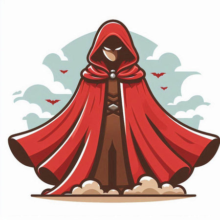 Cartoon illustration of a hooded man in a red cape.のイラスト素材