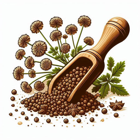 Coffee beans in a wooden scoop and a sprig of herbsのイラスト素材