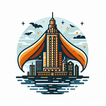 Vector illustration of modern skyscraper in flat linear style with flying bats and moon.のイラスト素材