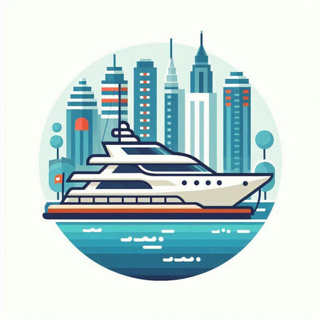 Cruise ship in the city. Vector illustration in flat style.のイラスト素材