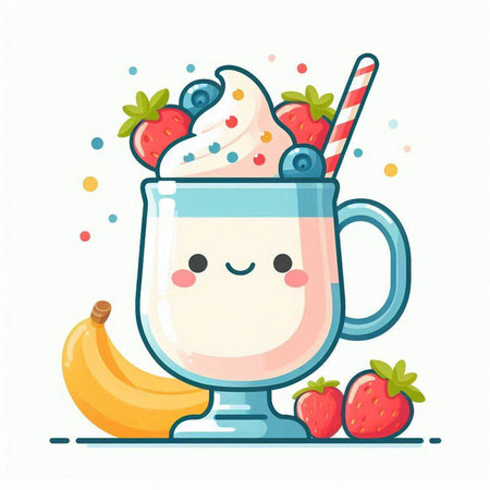 Cute cartoon milkshake with fruits and berries. Vector illustration.のイラスト素材