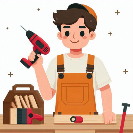 Carpenter with drill and tools. Vector illustration in cartoon styleのイラスト素材