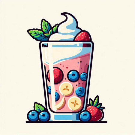 Strawberry and blueberry smoothie in a glass. Vector illustration.のイラスト素材