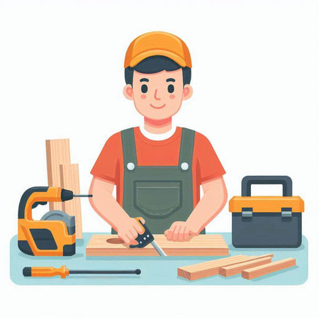 Carpenter working with tools. Vector illustration in cartoon style.のイラスト素材