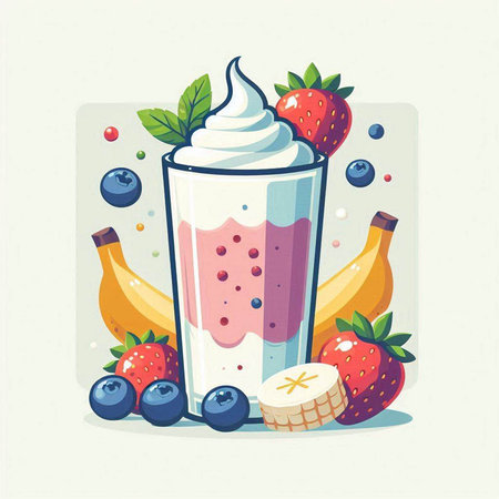 Delicious milkshake with strawberries, blueberries and banana. Vector illustration.のイラスト素材