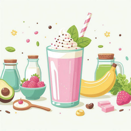 Milkshake with fruits and berries. Vector illustration in cartoon style.のイラスト素材