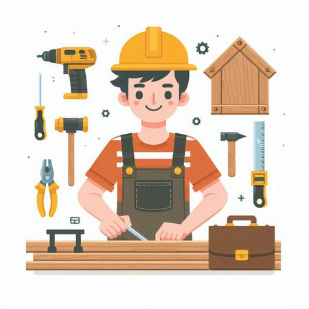 Carpenter working with tools on white background. Vector illustration.のイラスト素材