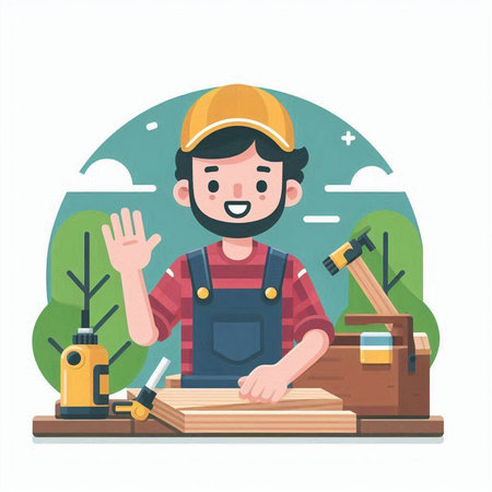Carpenter carpenter working with wood. Vector illustration in flat styleのイラスト素材