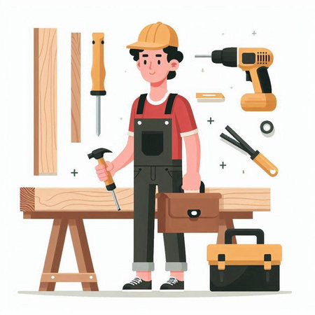 Carpenter working with tools. Vector illustration in cartoon style.のイラスト素材