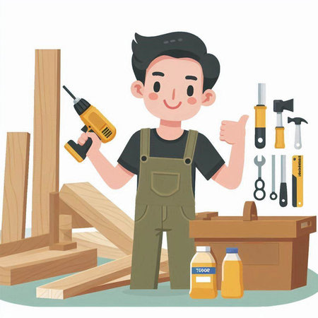 Carpenter with tools. Vector illustration in a flat style.のイラスト素材