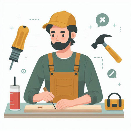Carpenter working with tools and instruments. Vector illustration in flat styleのイラスト素材