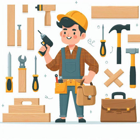 Cartoon carpenter with tools. Vector illustration in flat style.のイラスト素材