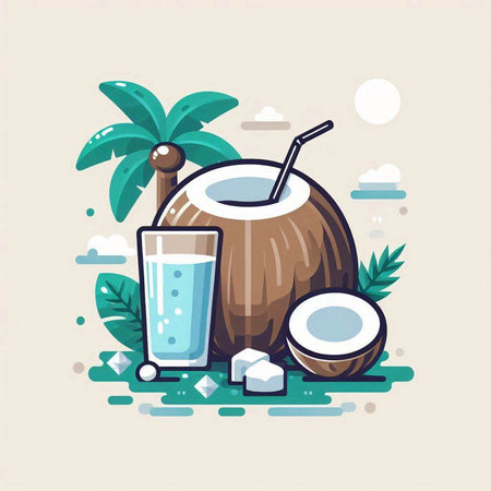 Coconut drink with ice and palm tree. Vector illustration.のイラスト素材