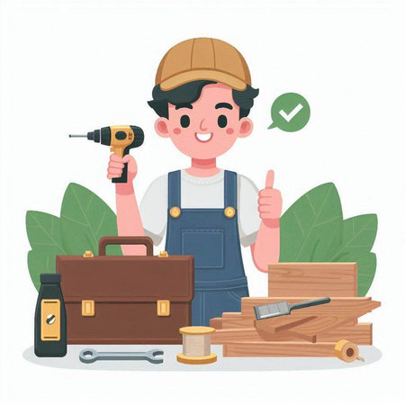 Vector illustration of a handyman in overalls with tools. Flat style.のイラスト素材