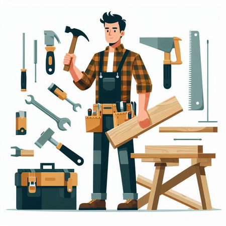 Carpenter with various tools. Vector illustration in cartoon style.のイラスト素材