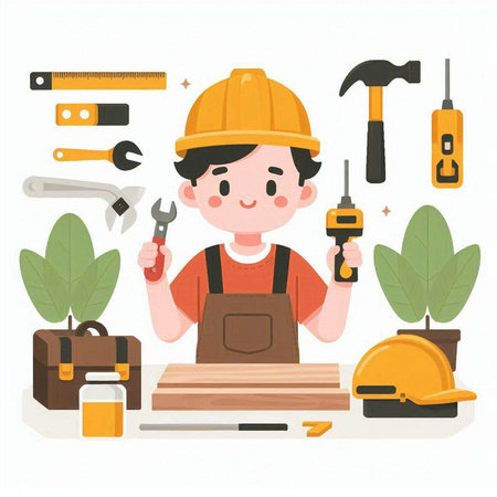 Carpenter working with tools. Vector illustration in cartoon style.のイラスト素材