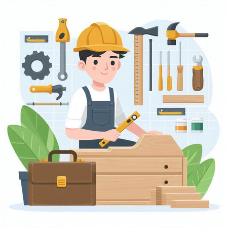 Carpenter working with tools. Vector illustration in cartoon style.のイラスト素材