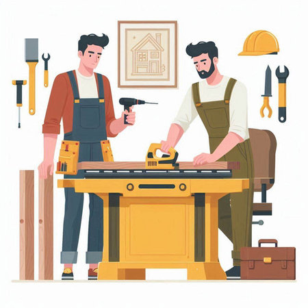 Carpenter and carpenter working on wooden workbench. Vector illustration.のイラスト素材