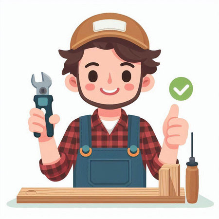 Carpenter with tools. Vector illustration in a flat style.のイラスト素材