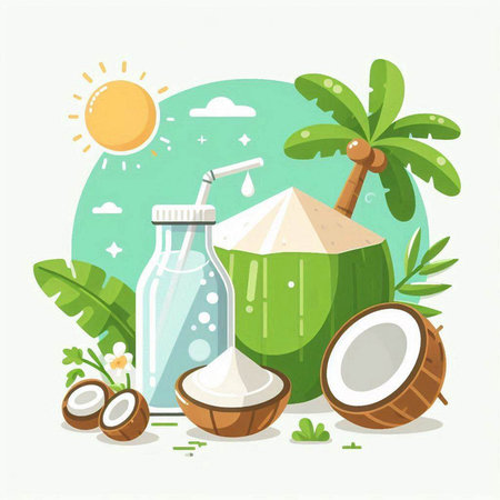 Coconut milk in a glass bottle with a straw, coconut and palm leaves. Vector illustration.のイラスト素材