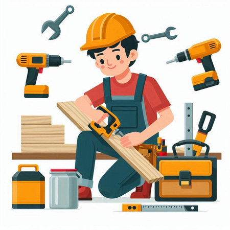 Carpenter working with tools. Vector illustration in cartoon style.のイラスト素材