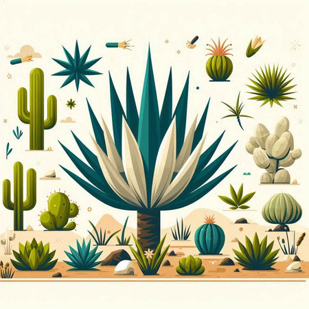 Cacti and succulents in desert. Vector illustration.のイラスト素材