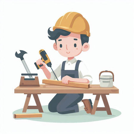 Carpenter at work with a drill. Vector cartoon illustration.のイラスト素材
