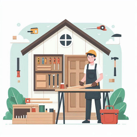 Carpenter at work. Vector illustration in flat cartoon style.のイラスト素材