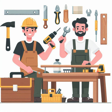 Carpenter at work with tools. Vector illustration in cartoon styleのイラスト素材