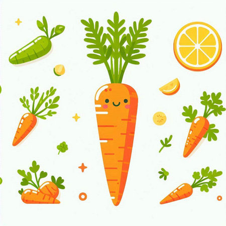 Cute carrot with carrot slices, lemon and parsley. Vector illustration.のイラスト素材