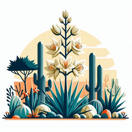 Cactuses and succulents in the desert. Vector illustration.のイラスト素材