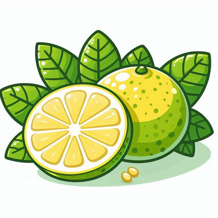 Illustration of fresh lemons with green leaves on a white backgroundのイラスト素材