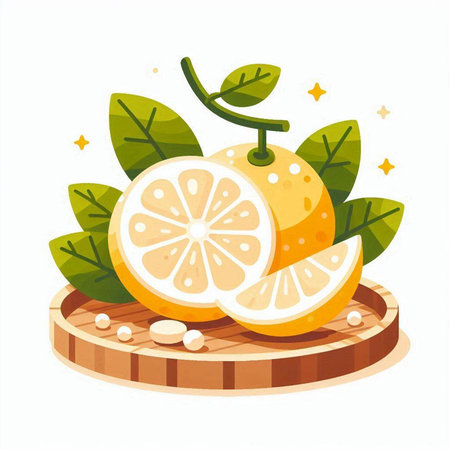 Lemon fruit on a wooden plate. Vector illustration in flat styleのイラスト素材
