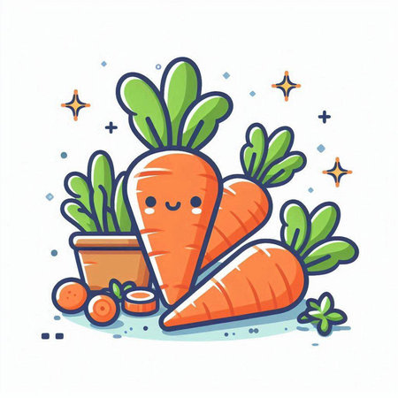 Cute cartoon carrot character with fruits and vegetables. Vector illustration.のイラスト素材
