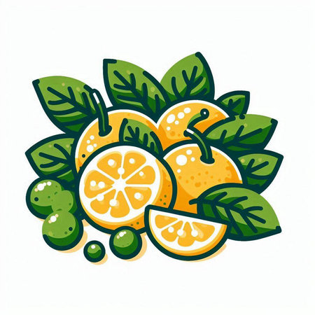 Citrus fruits and leaves. Vector illustration. Isolated on white background.のイラスト素材
