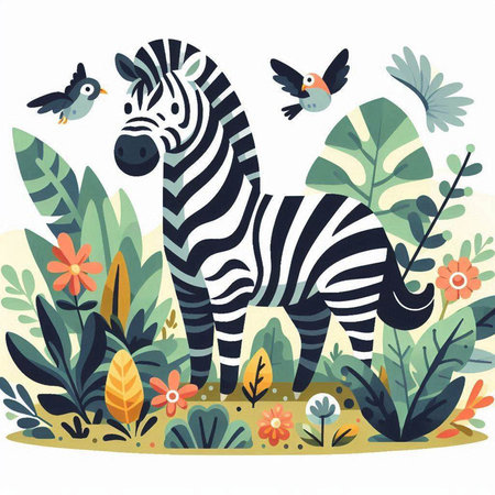 Zebra and birds in the jungle. Cute cartoon vector illustration.のイラスト素材