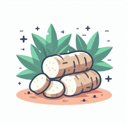 Illustration of cassava root or manioc root with leaves.のイラスト素材