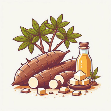 Taro root and taro oil in a glass bottle. Vector illustration.のイラスト素材