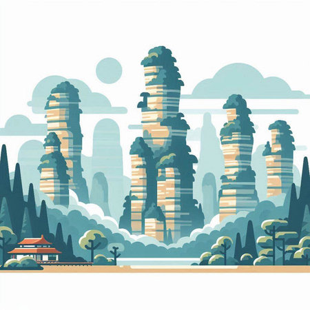 Landscape with modern skyscrapers. Vector illustration in flat styleのイラスト素材